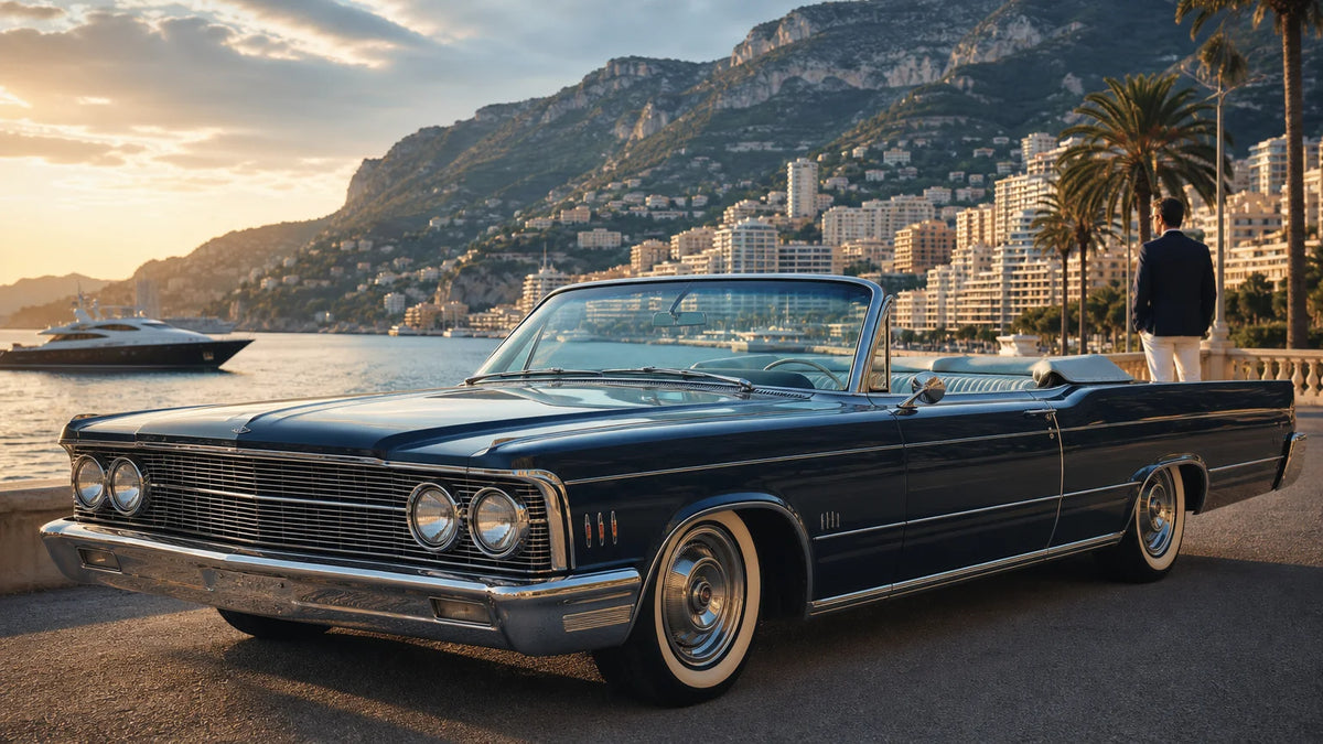 Hero image evoking a classic mid-1960s American full-size convertible in a scenic, aspirational setting