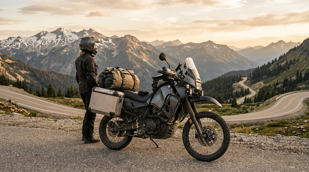 Adventure motorcycle fully equipped with luggage on a mountain road