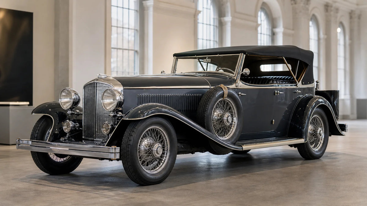 Three quarter front view of a dark 1932 style luxury V12 touring car in a quiet exhibition hall