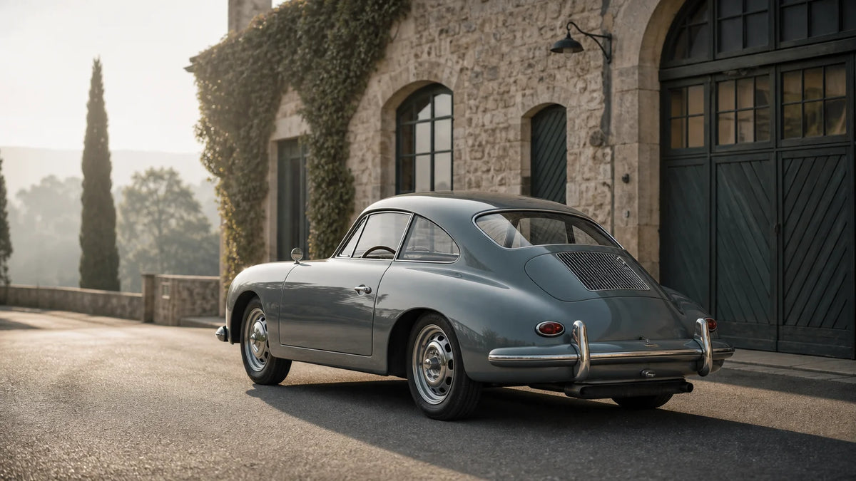 Unbranded early 1950s European sports coupe with a rounded roof and center-creased windshield beside a historic workshop.