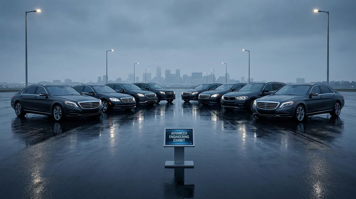 A dramatic lineup of luxury vehicles on a reflective surface with cinematic lighting