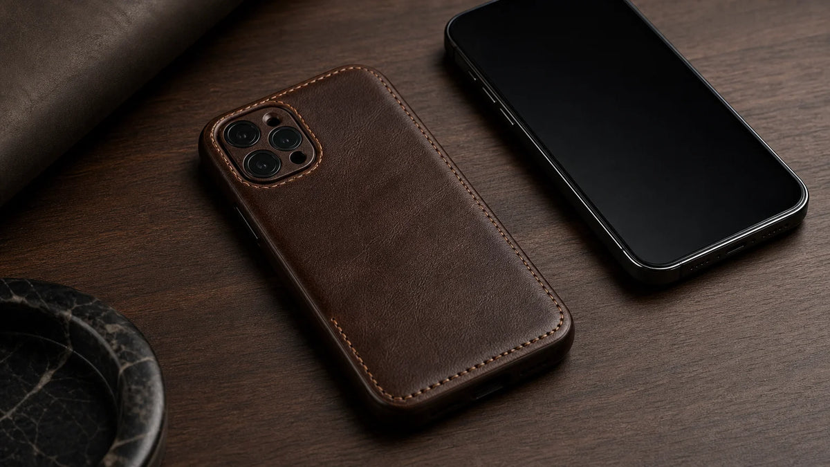 Premium leather smartphone case beside a generic smartphone on a walnut desk
