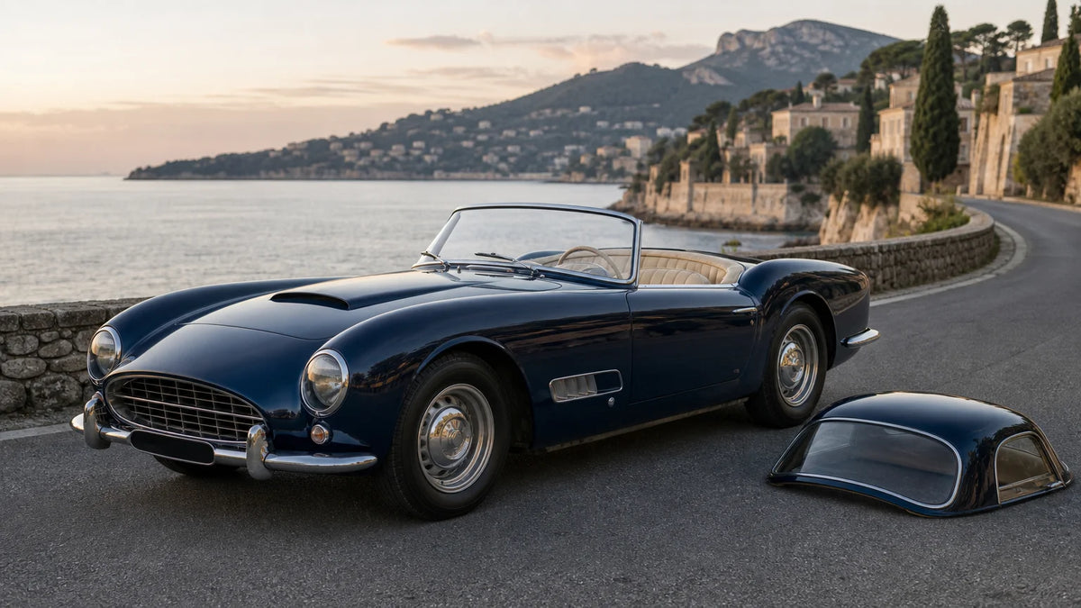 Dark blue 1960 Mercedes-Benz 300 SL Roadster on a quiet coastal road