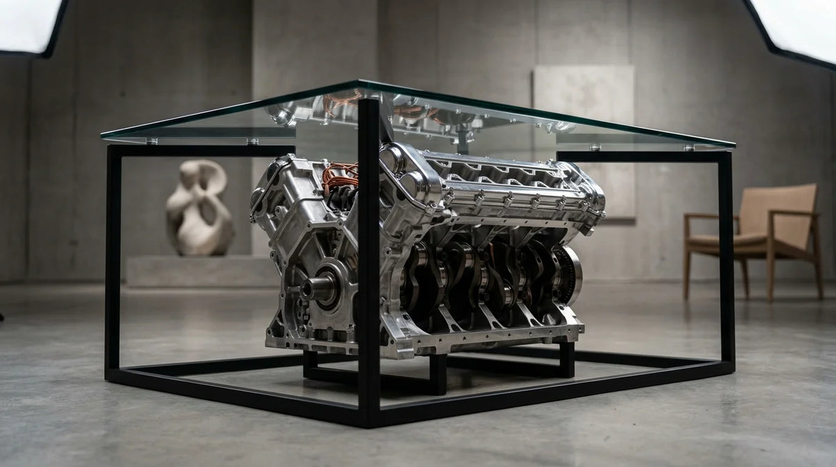 Genuine V12 engine block reimagined as a glass-topped luxury coffee table