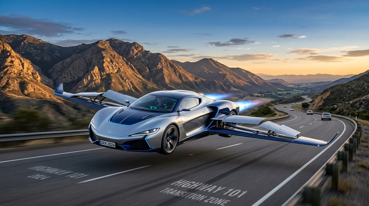 A futuristic road-and-air vehicle unfolding its wings on an open highway