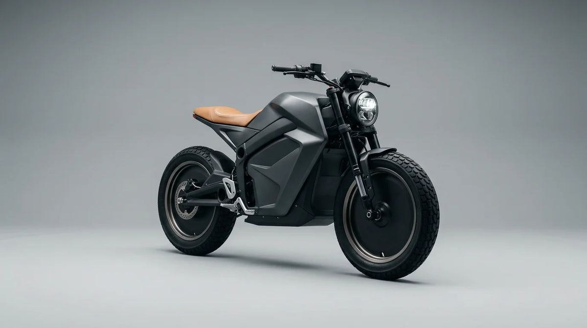 Sleek electric motorcycle photographed in a professional studio setting