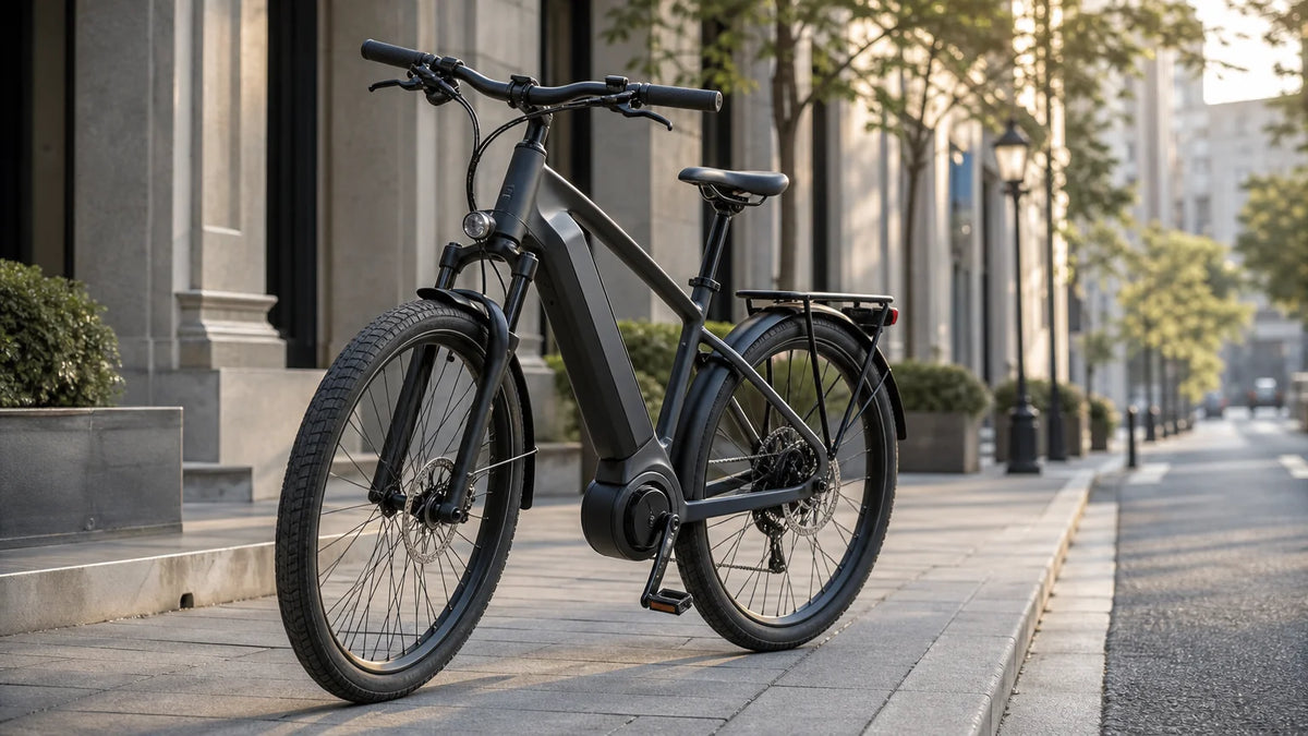 Modern electric commuter bike parked on a city street in morning light