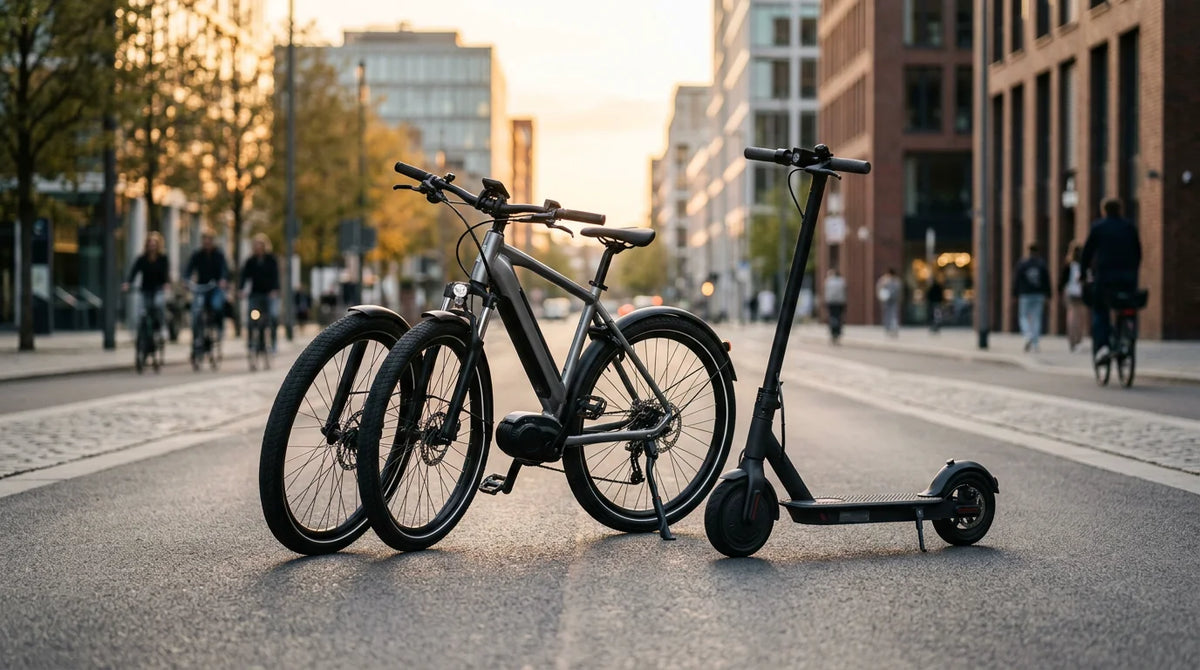 Electric bicycle and electric scooter on an urban street at golden hour