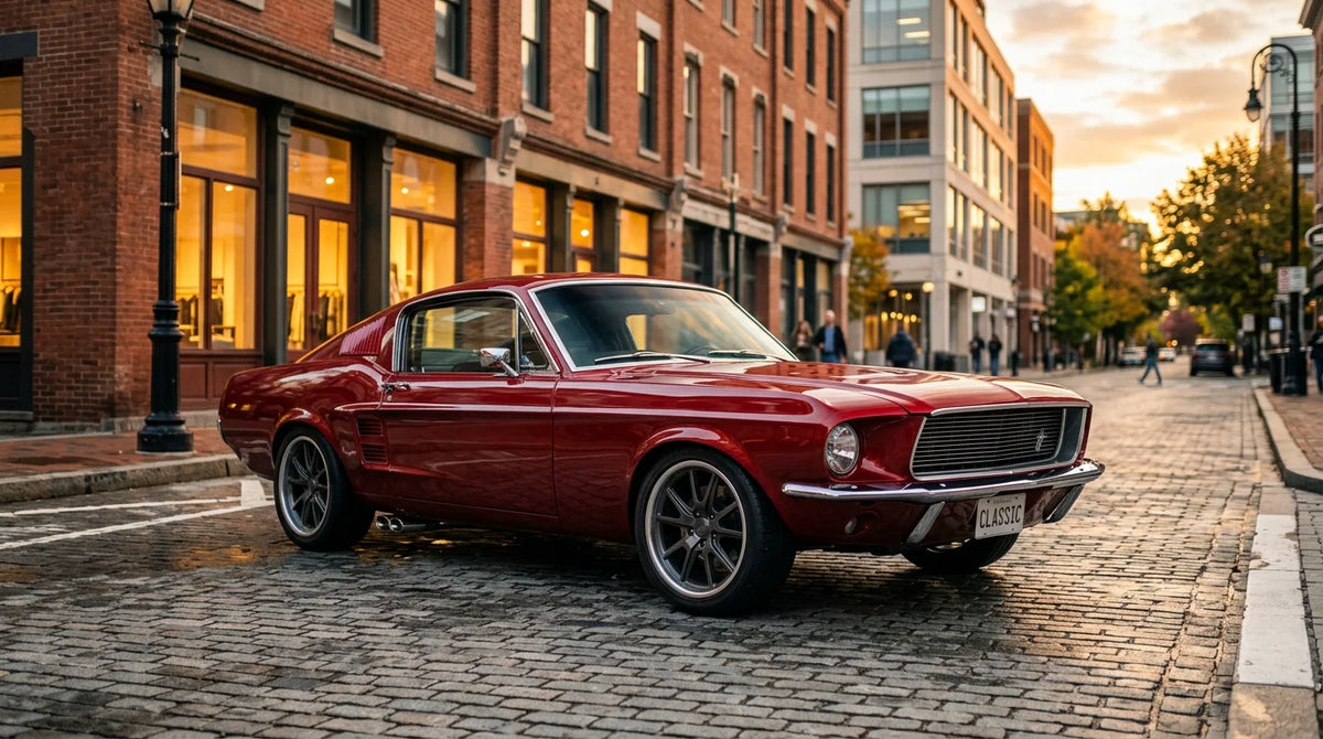 Restored classic muscle car with modern upgrades at golden hour