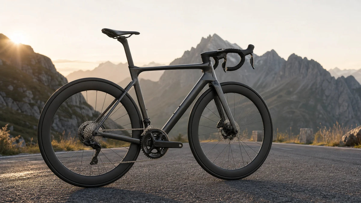 Premium carbon road bicycle with aerodynamic frame and deep-section wheels on a paved mountain road