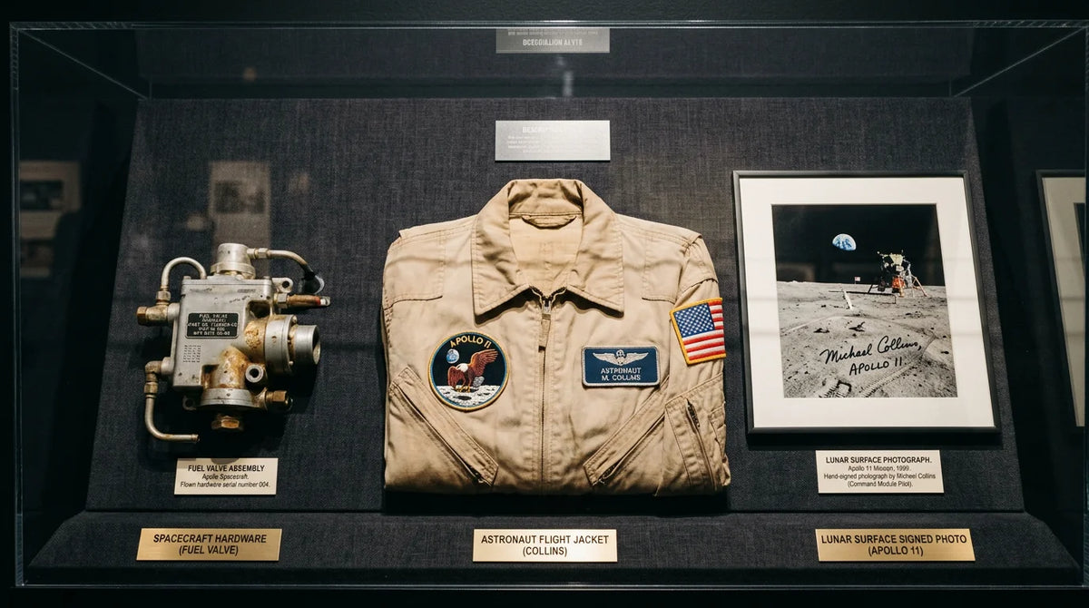 Museum-style display of authenticated space memorabilia artifacts