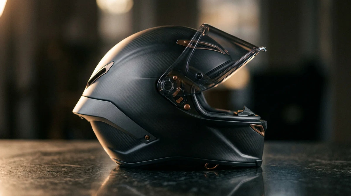 Premium full-face motorcycle helmet on a dark reflective surface under dramatic lighting