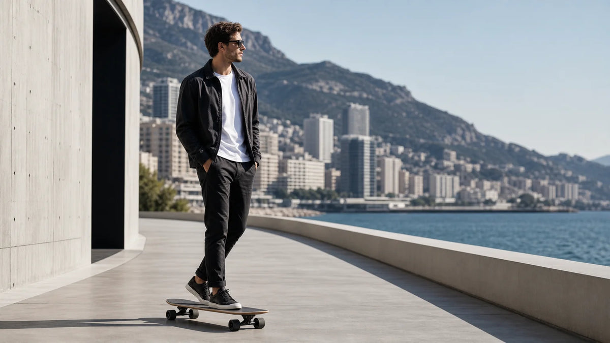 Adult rider using a cruiser skateboard on an urban promenade
