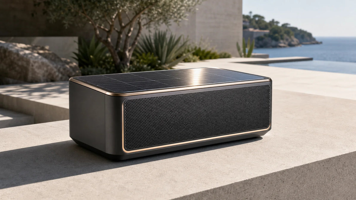 Contemporary solar-powered outdoor speaker with integrated panels on a modern stone terrace.