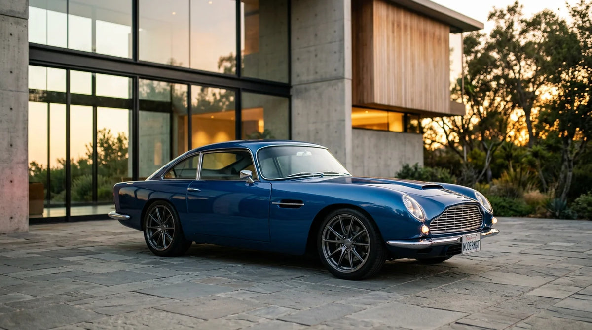 Modernized classic restomod car in an architectural setting at golden hour