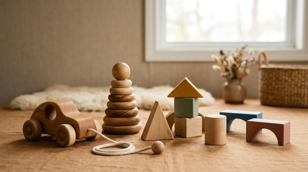 Elegant still life of premium handcrafted designer wooden toys in warm natural light
