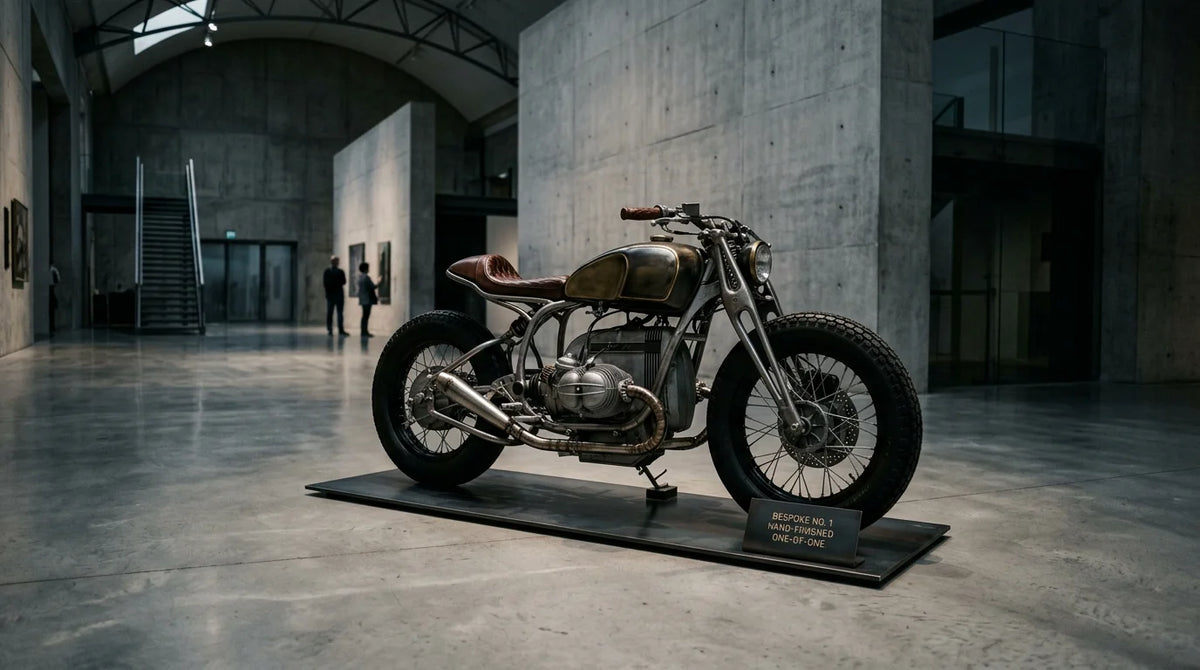 Bespoke one-of-one custom motorcycle displayed in a gallery space