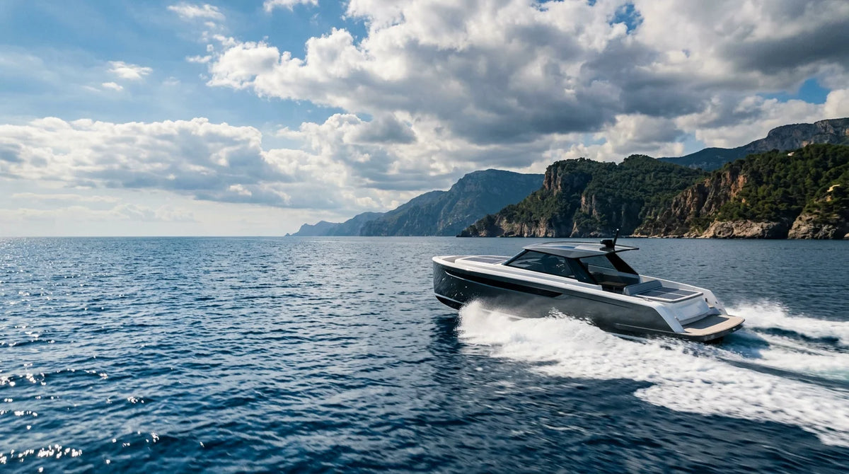 Premium electric boat cruising across open blue coastal water in daylight