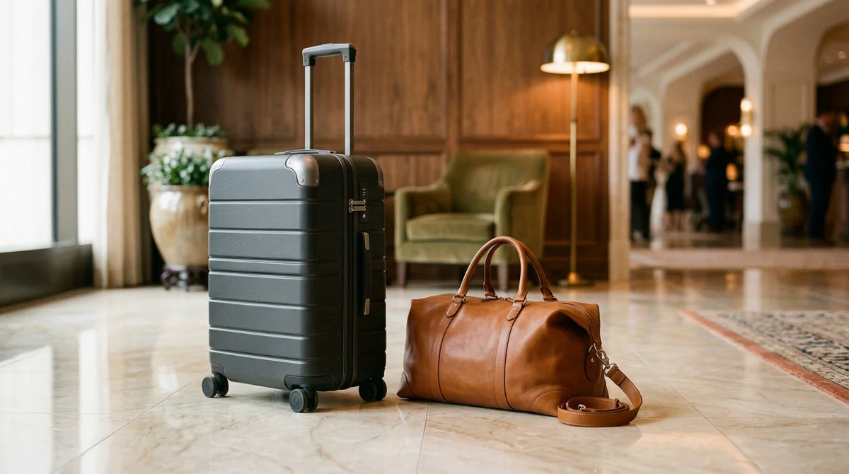 Luxury hard-shell suitcase and leather duffel in an elegant hotel lobby