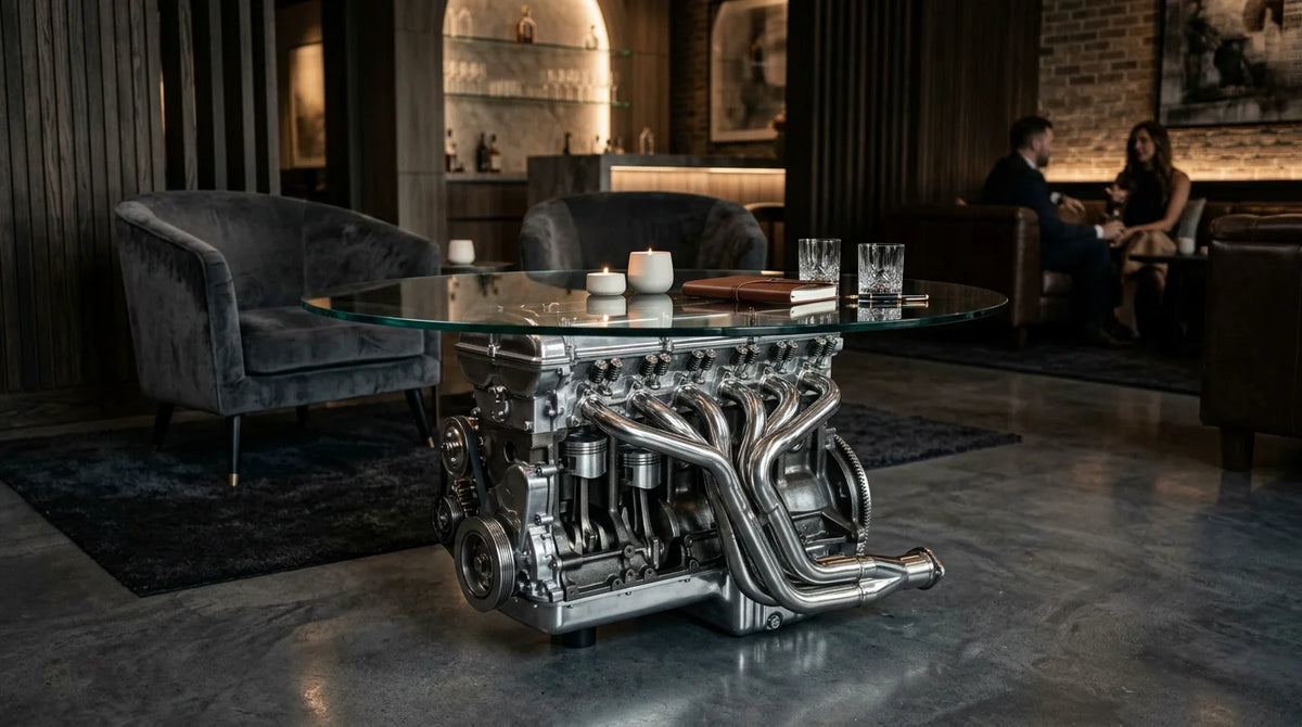 Polished inline-six engine coffee table as a centerpiece in a luxury lounge