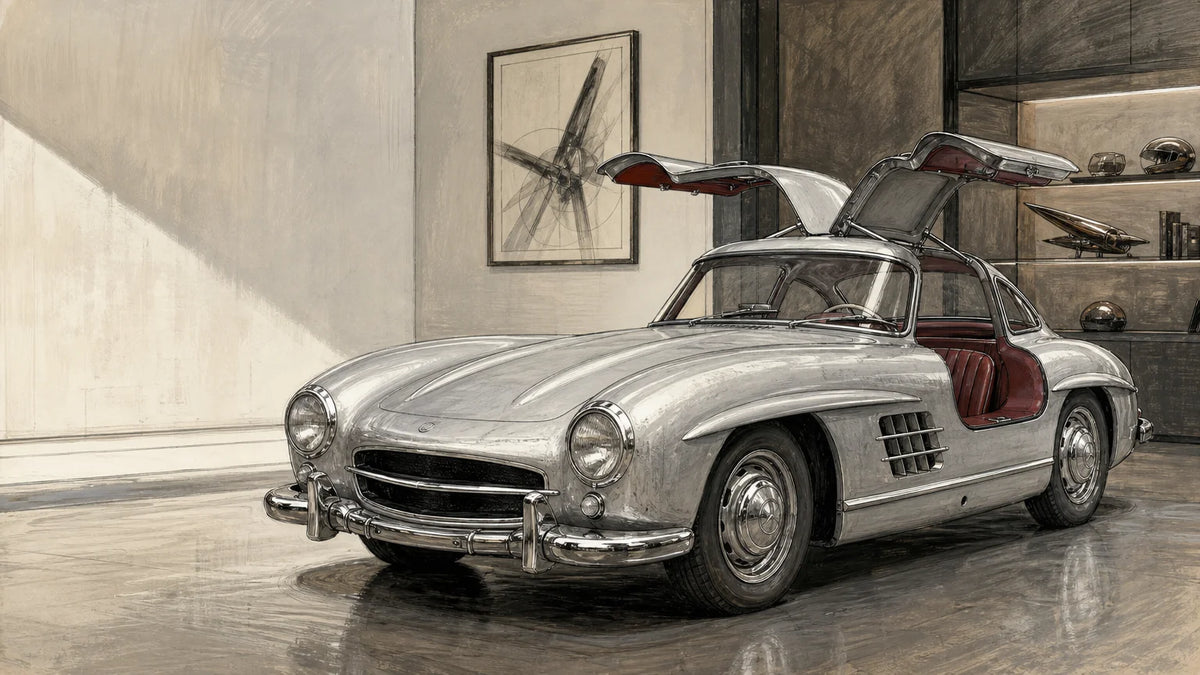 Silver 1950s European gullwing coupe displayed in a refined collection gallery.