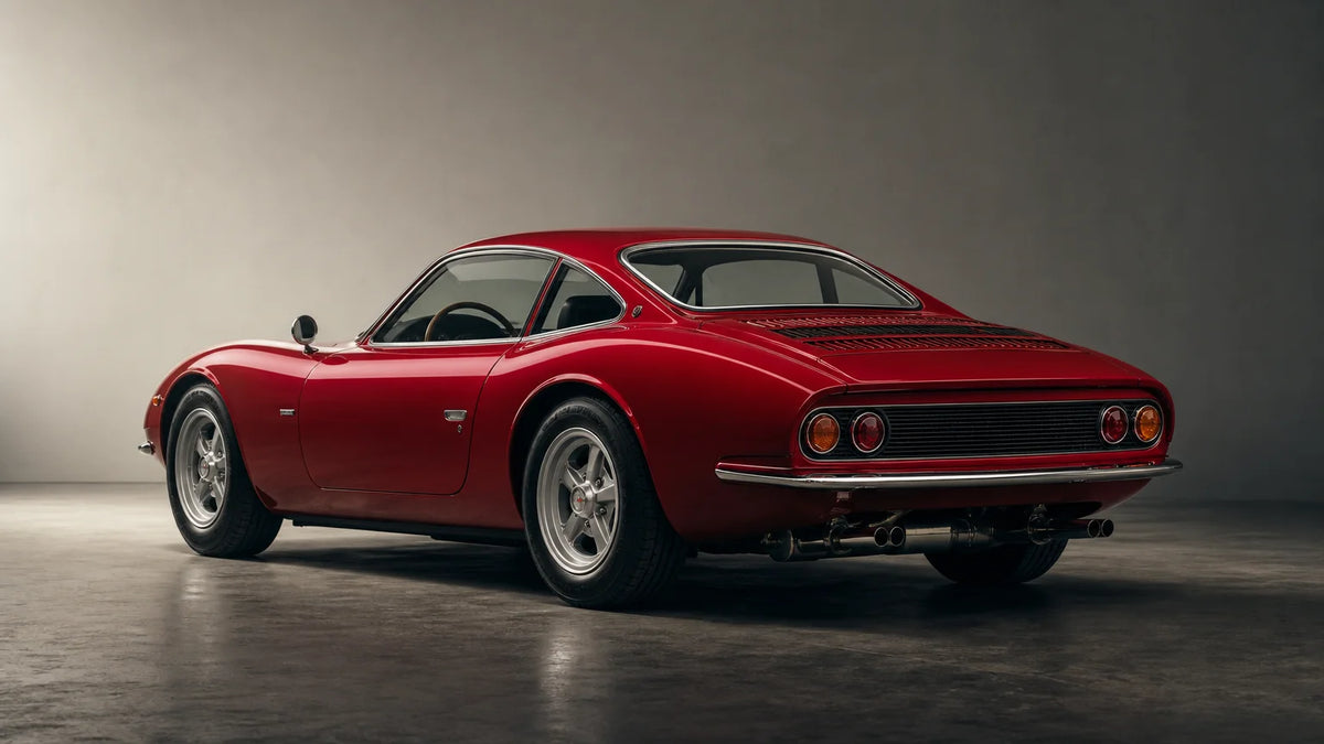 Red 1969 Ferrari Dino 246 GT viewed from the rear three-quarter angle in a studio