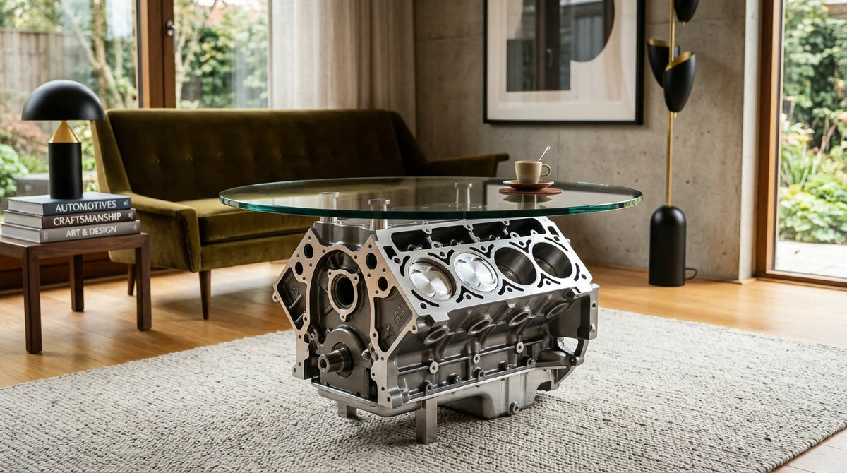 Luxury engine coffee table built from a real V8 block with a glass top in a modern living room