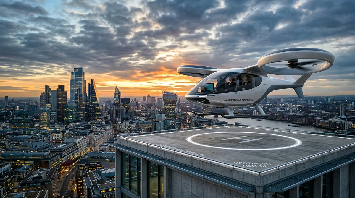 Autonomous passenger drone taking off from an urban vertiport