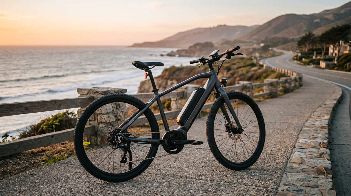 A premium electric bike displayed on a coastal boulevard at golden hour