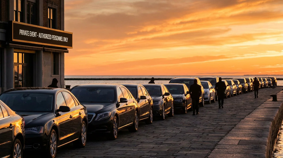 Luxury vehicles lined up along a waterfront promenade at golden hour