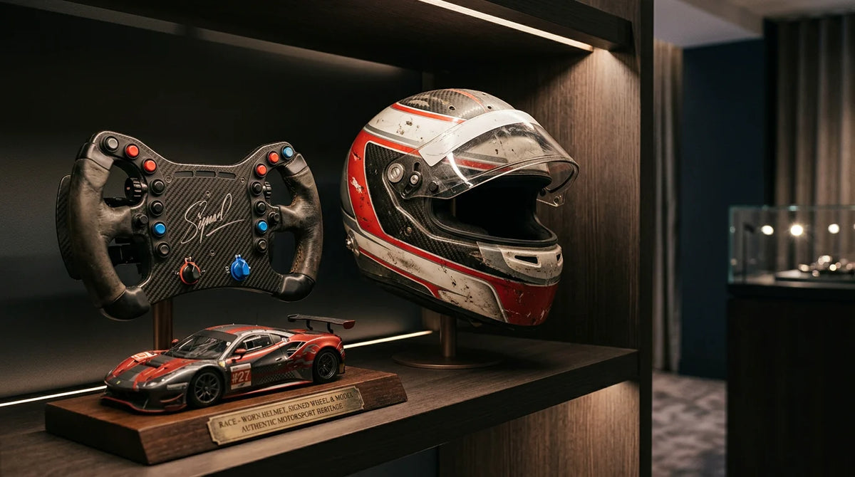 Display shelf of premium racing memorabilia under gallery lighting