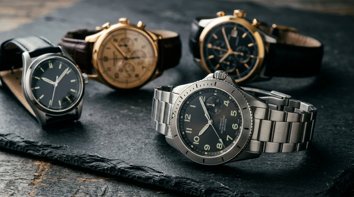 Luxury mechanical wristwatches arranged on a dark surface with one in sharp focus