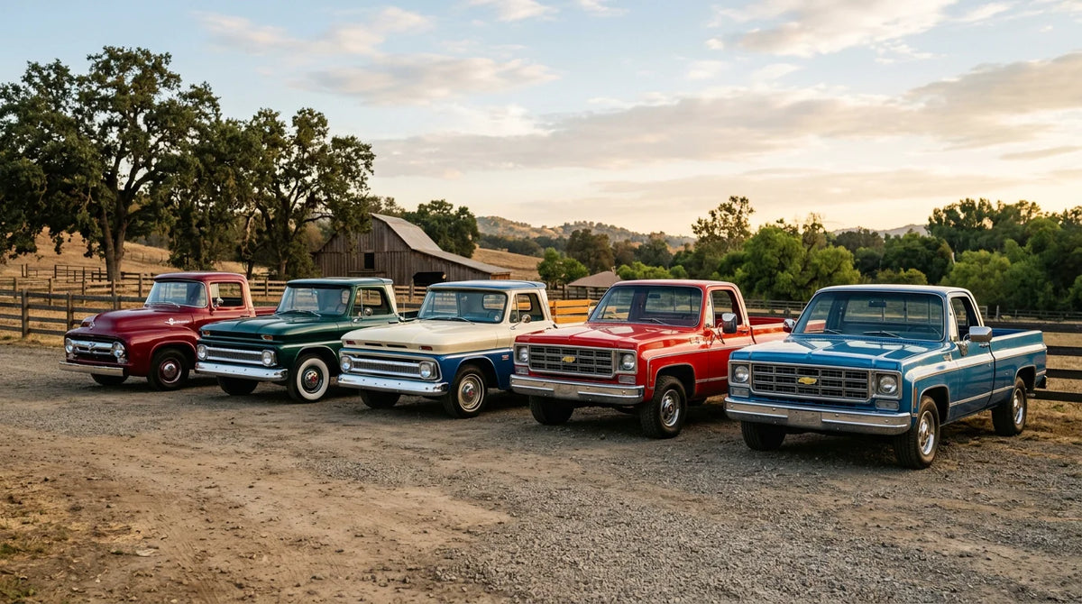 Row of restored classic American pickup trucks at golden hour