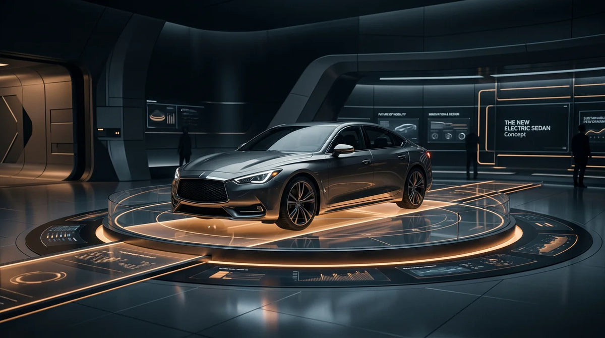 A premium vehicle presented within a futuristic digital marketplace environment