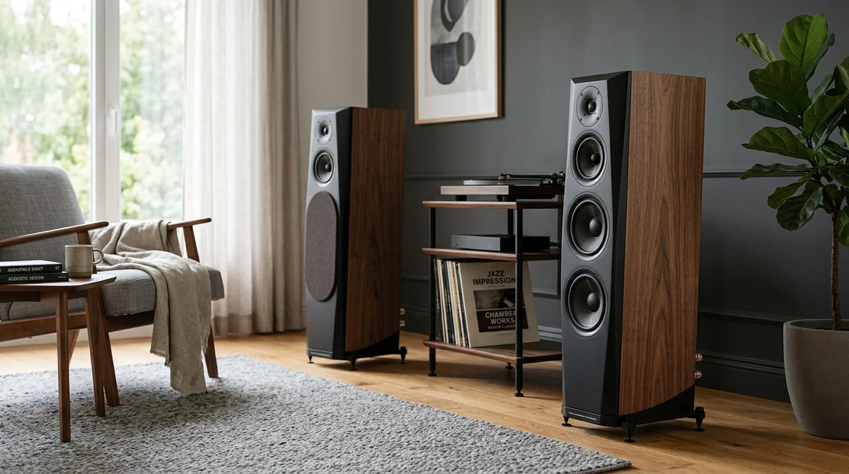 High-end loudspeakers in a sophisticated contemporary listening room