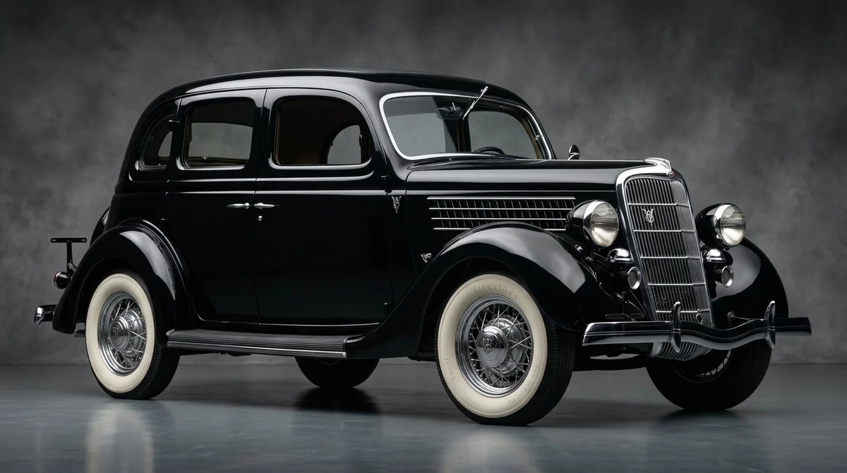 Fully restored black 1935 Ford V8 sedan in a studio three-quarter side view