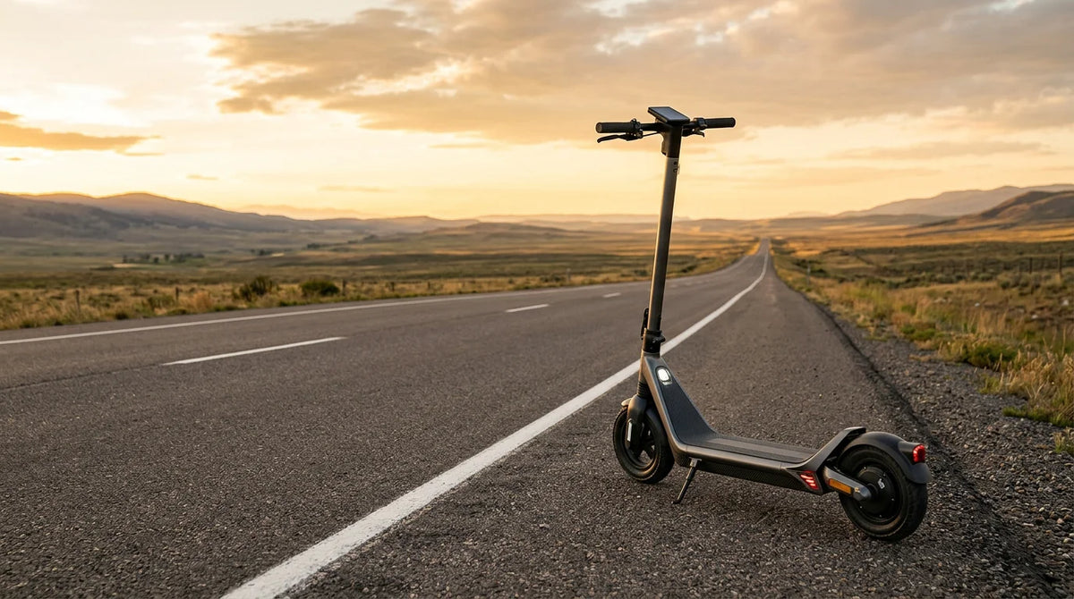 Electric scooter parked on an open road stretching to the horizon at golden hour