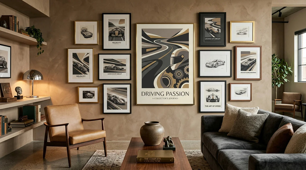 Collector's lounge featuring framed automotive art prints on a feature wall