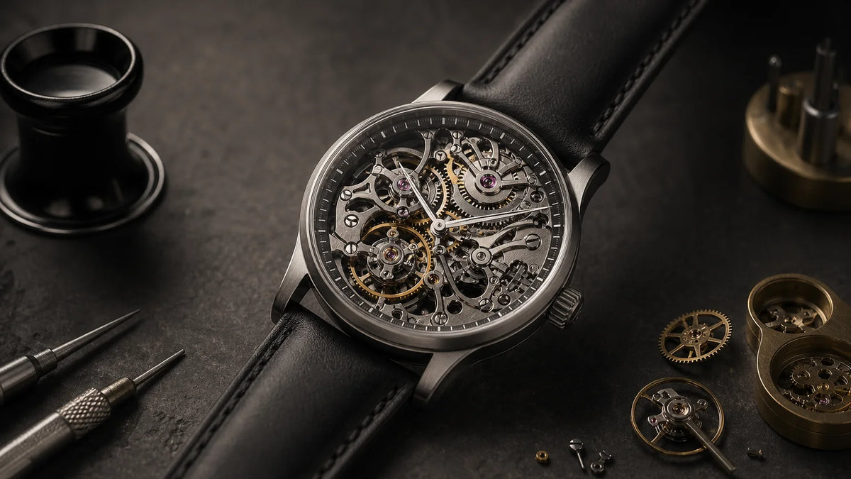 Independent mechanical wristwatch displayed on a watchmaker's workbench.