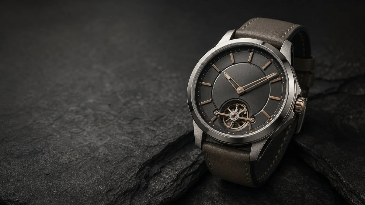 Contemporary designer wristwatch displayed on a dark stone surface.