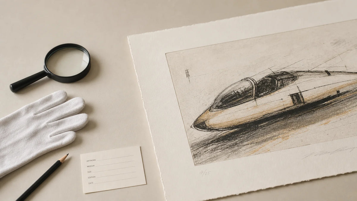 Limited edition art print with a magnifying glass, cotton gloves, and archival materials on a neutral desk.