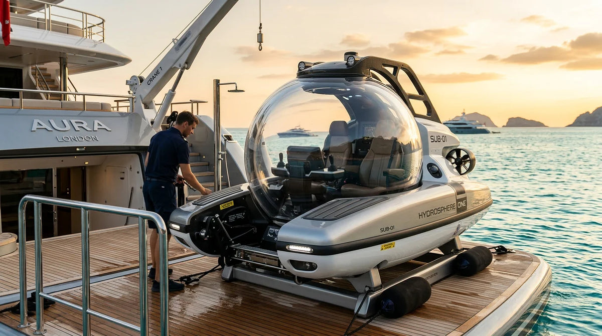 Personal submarine with acrylic dome cockpit on a superyacht deck at golden hour