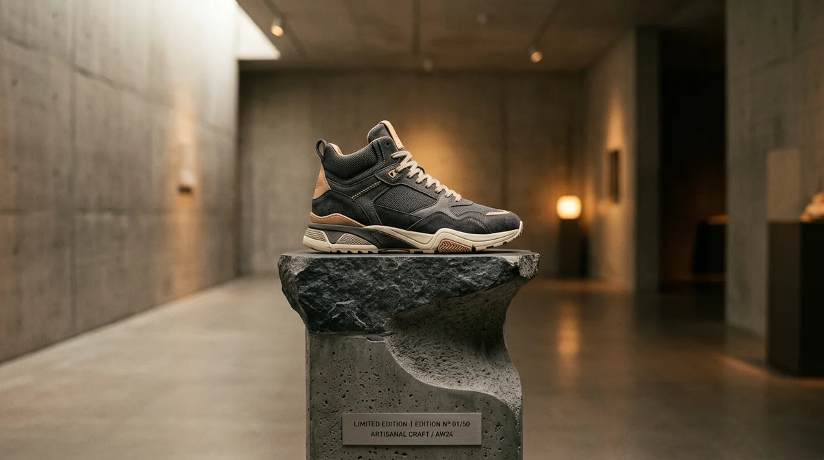 A single premium limited edition sneaker displayed on a pedestal in a gallery setting