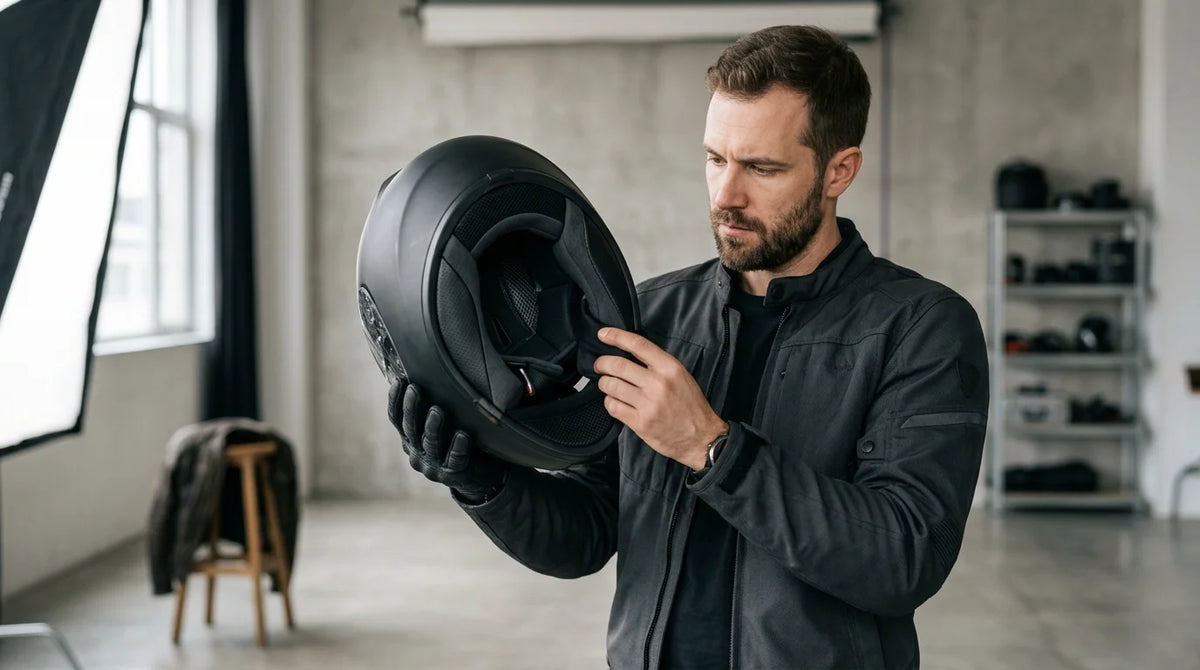 A rider inspecting the interior fit of a full-face motorcycle helmet