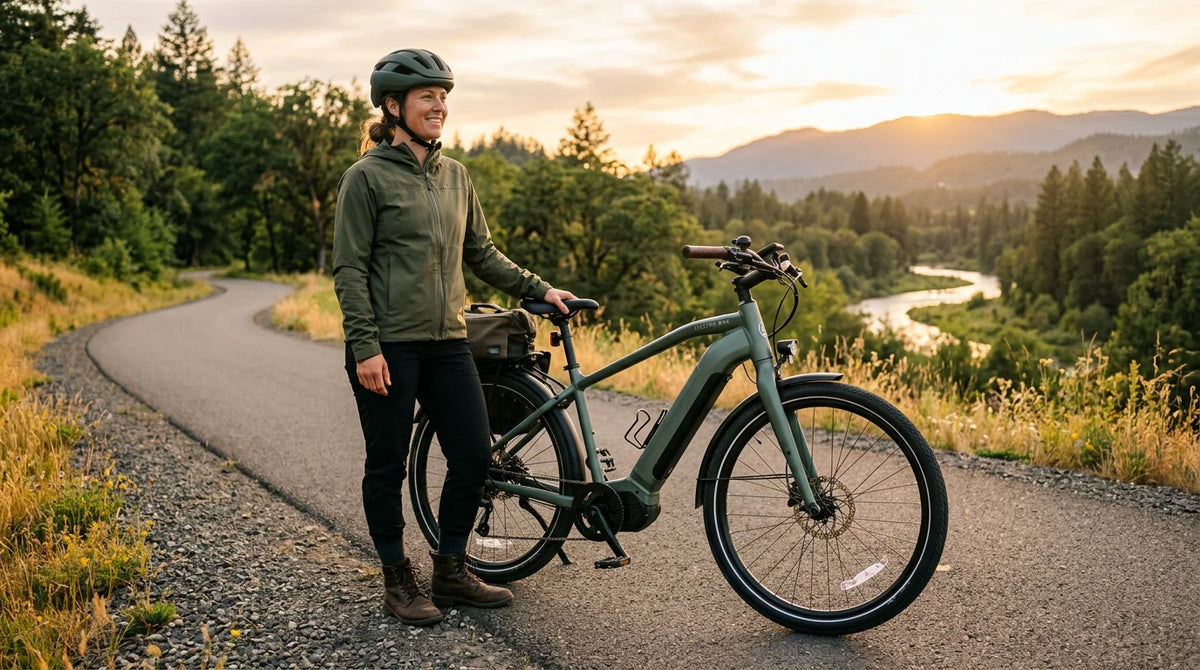 Rider standing beside a modern electric bike on a scenic path at golden hour
