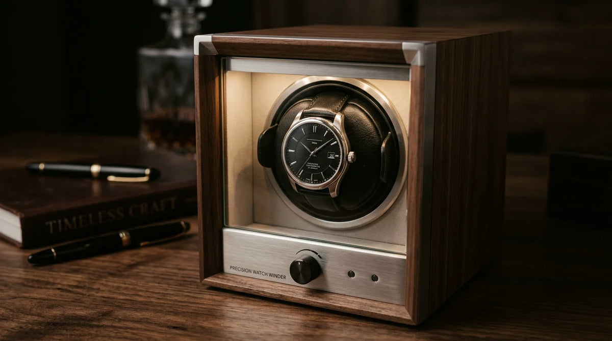 A luxury automatic watch resting inside an illuminated watch winder