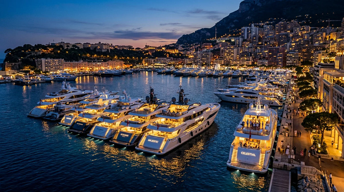Luxury superyachts moored in an elegant harbor at dusk