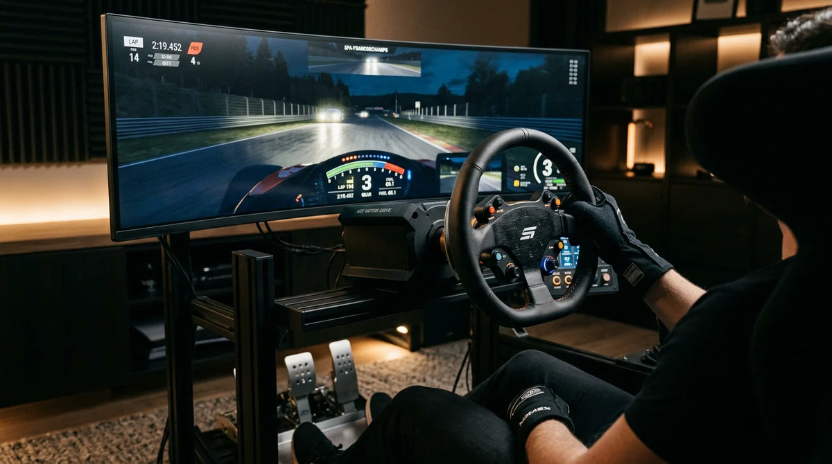 Sim racing cockpit with a leather steering wheel on a direct drive base