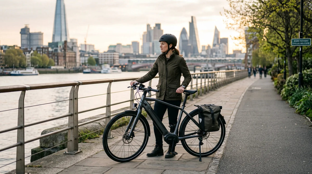 Rider standing beside a modern electric bike on an urban waterfront