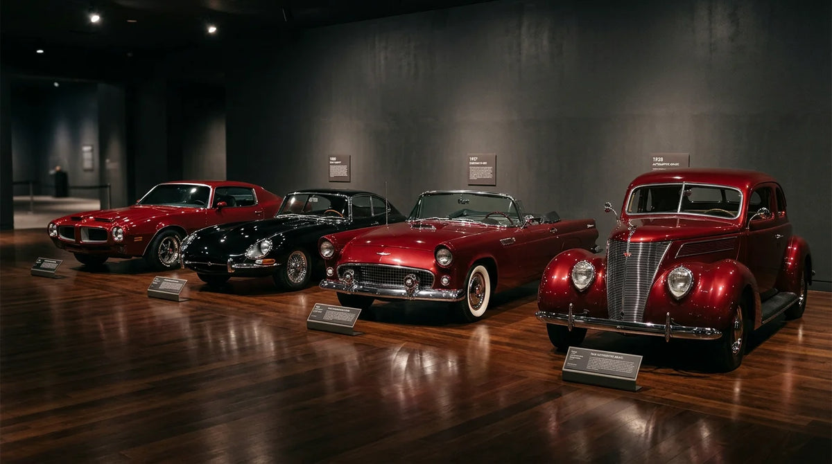 Row of classic cars from different eras under dramatic gallery lighting